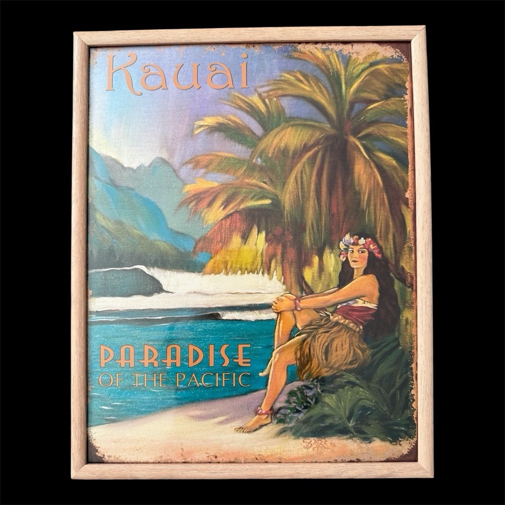 Kauai Paradise of the Pacific Framed Art Print Hula Girl Hawaii Beach Decor 2006